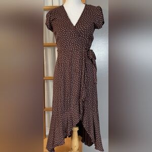 Brown Polka Dot Wrap Midi Dress - Unbranded